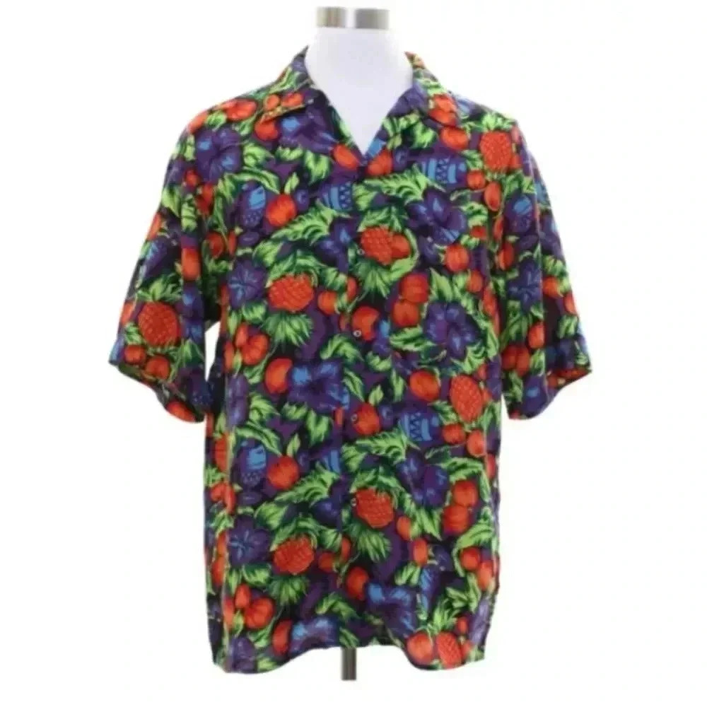 Vtg Men GAP black Purple Orange Floral Fruit S/s Button Hawaiian Shirt Medium